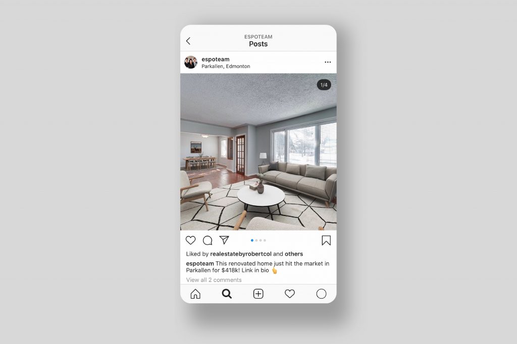 The Esposito Team's Instagram post with real estate listing in Parkallen, Edmonton